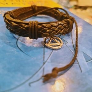 Alcoholics Anonymous, AA,Braided Leather Bracelet with Silver AA Symbol Charm